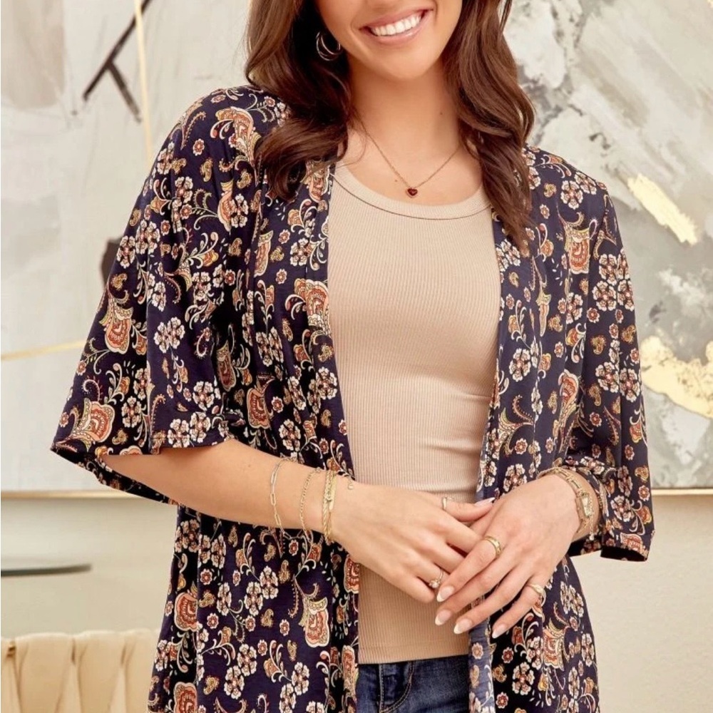 Dear Scarlett Womans Navy Paisley Kimono Cardigan Wrinkle Free Size 2X Boho